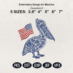Chinoiserie Pelican Embroidery Design with USA Flag, Patriotic Coastal Bird Machine Embroidery File, 4th of July, 5 sizes, Digital Download