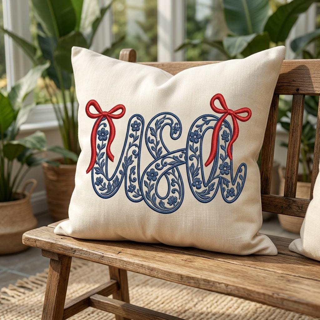 USA Chinoiserie Embroidery Design, Patriotic Bow USA, Blue and White Floral Americana Embroidery, Fourth of July, 5 Sizes, Digital Download - image 4