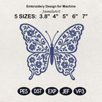 Chinoiserie Butterfly Embroidery Design, Blue Floral Butterfly Machine Embroidery File, Preppy Garden Stitch, 5 sizes, Digital Download
