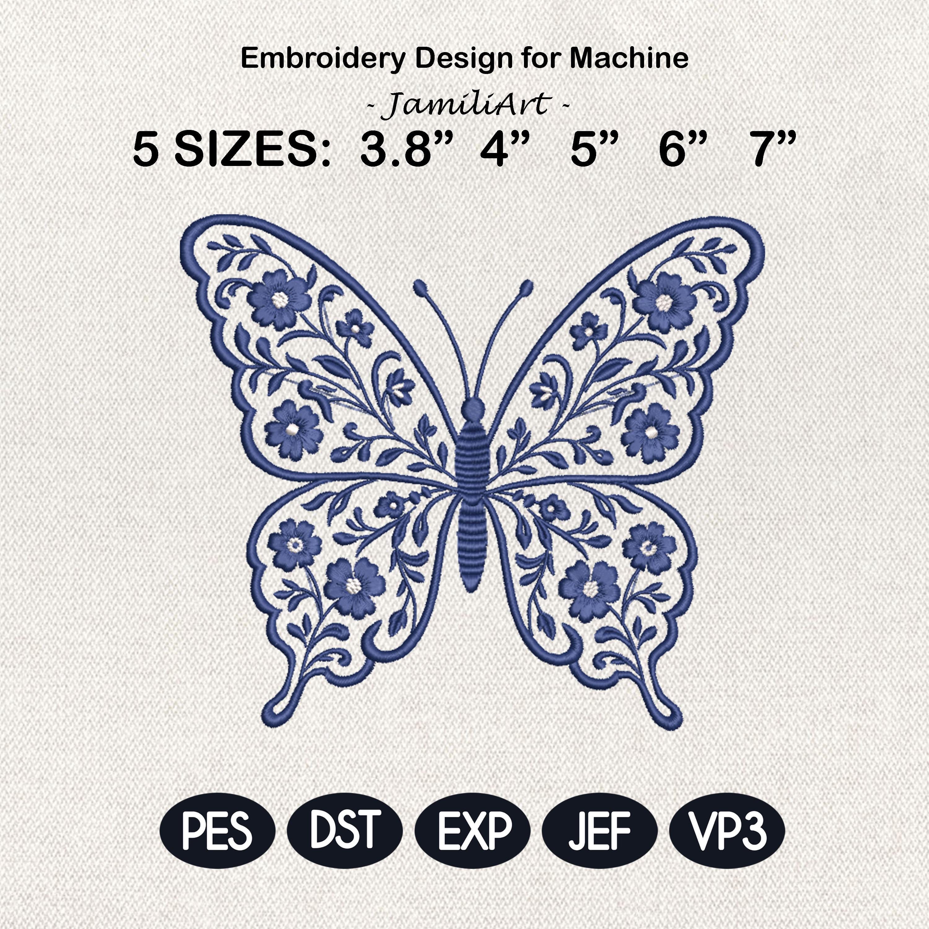 Chinoiserie Butterfly Embroidery Design, Blue Floral Butterfly Machine Embroidery File, Preppy Garden Stitch, 5 sizes, Digital Download