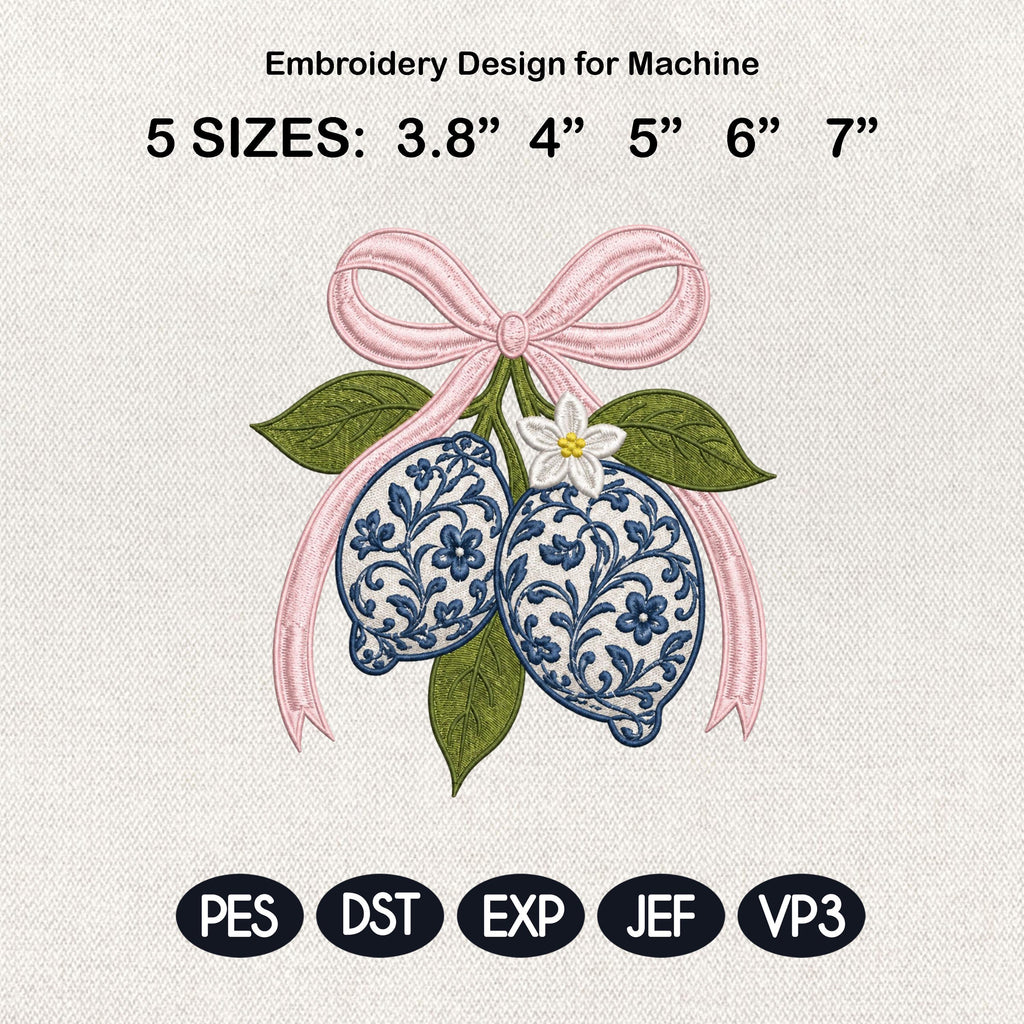 Chinoiserie Lemon Embroidery Design, Blue White Floral Lemons with Pink Bow, Citrus Fruit, Spring Summer, 5 Sizes, Digital Download