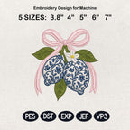 Chinoiserie Lemon Embroidery Design, Blue White Floral Lemons with Pink Bow, Citrus Fruit, Spring Summer, 5 Sizes, Digital Download