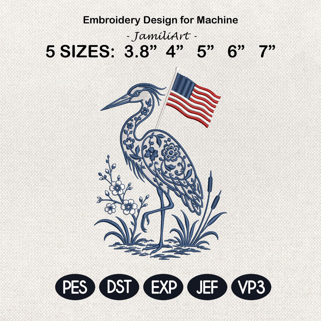 Chinoiserie Heron Embroidery Design with USA Flag, Patriotic Coastal Bird, 4th of July Machine Embroidery File, 5 sizes, Digital Download