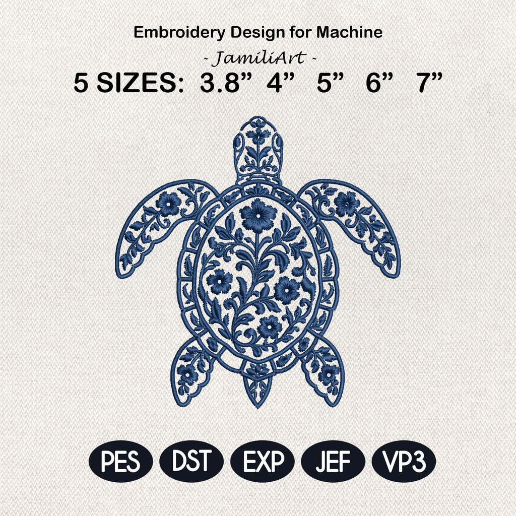 Chinoiserie Turtle Embroidery Design, Blue Floral Sea Turtle Machine Embroidery File, Coastal Preppy Stitch, 5 sizes, Digital Download
