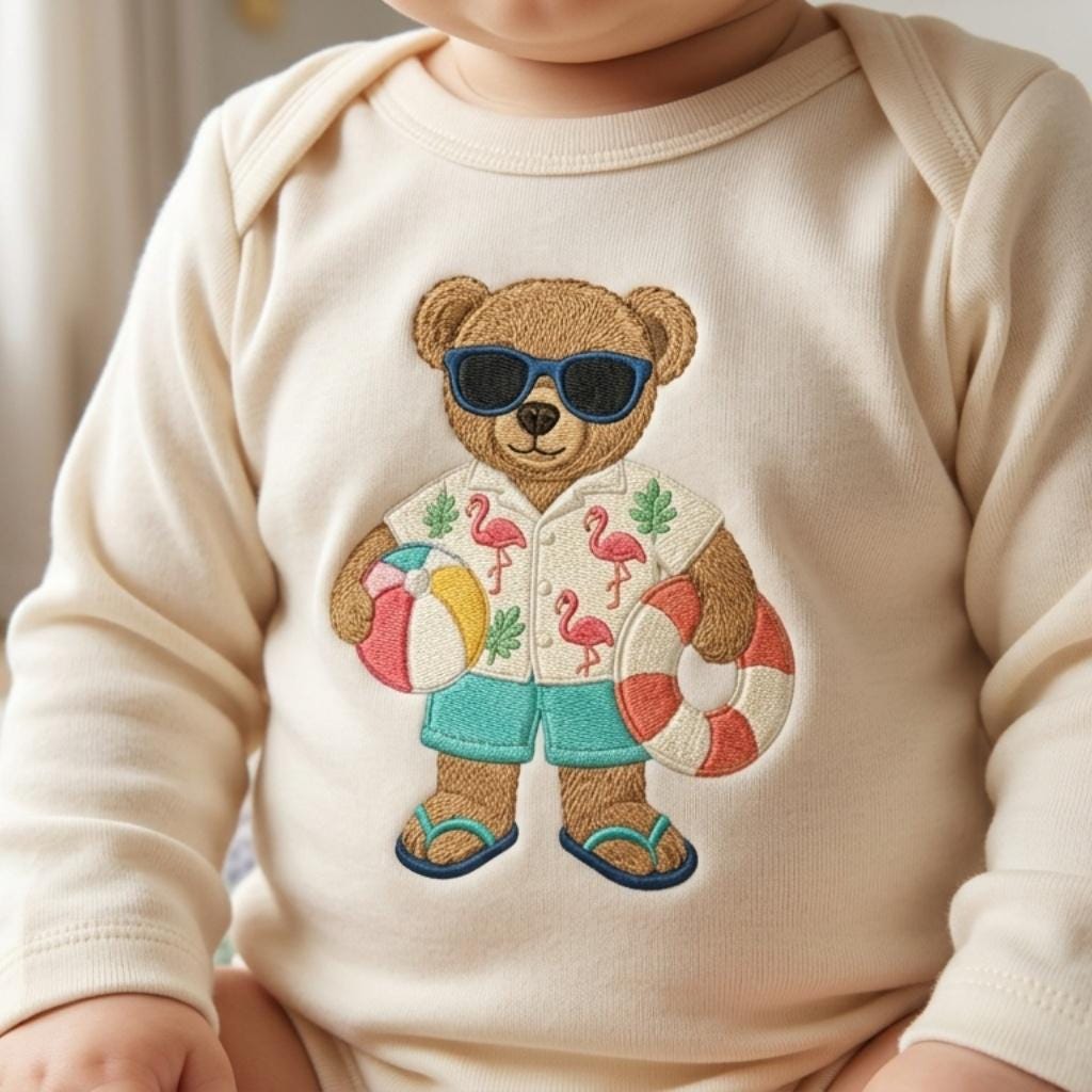 Summer Teddy Bear Embroidery Design, Beach Bear Machine Embroidery File, Flamingo Vacation Stitch, 5 sizes, Digital Download - image 4
