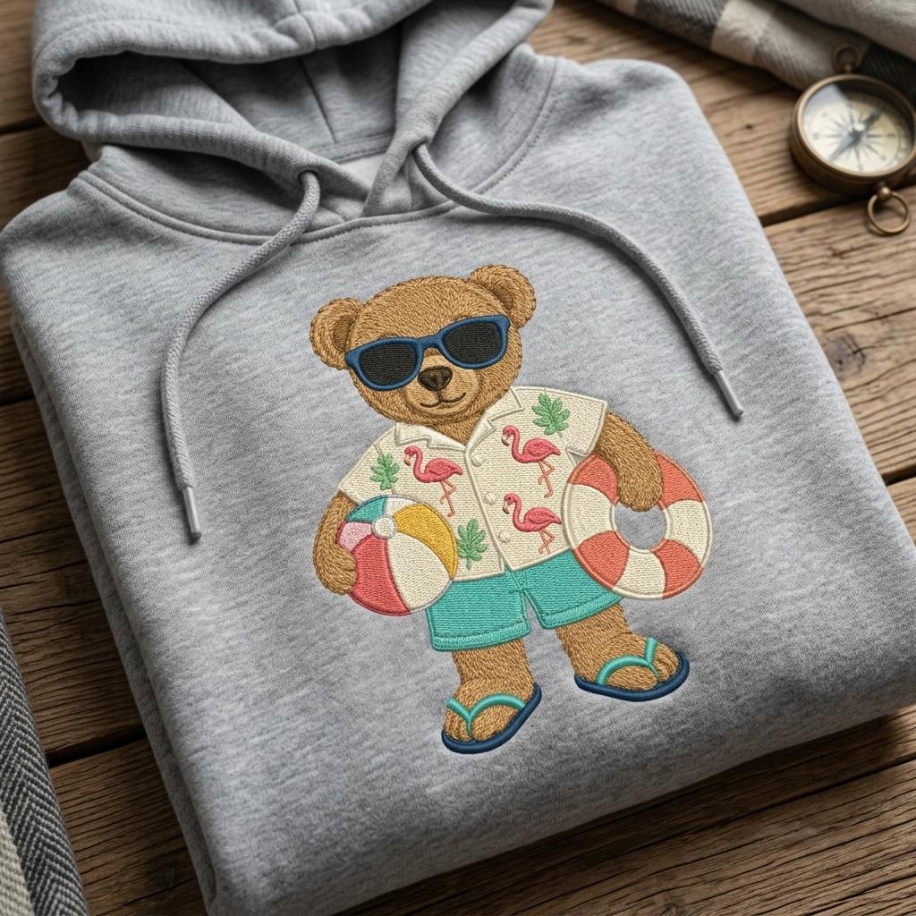Summer Teddy Bear Embroidery Design, Beach Bear Machine Embroidery File, Flamingo Vacation Stitch, 5 sizes, Digital Download - image 3