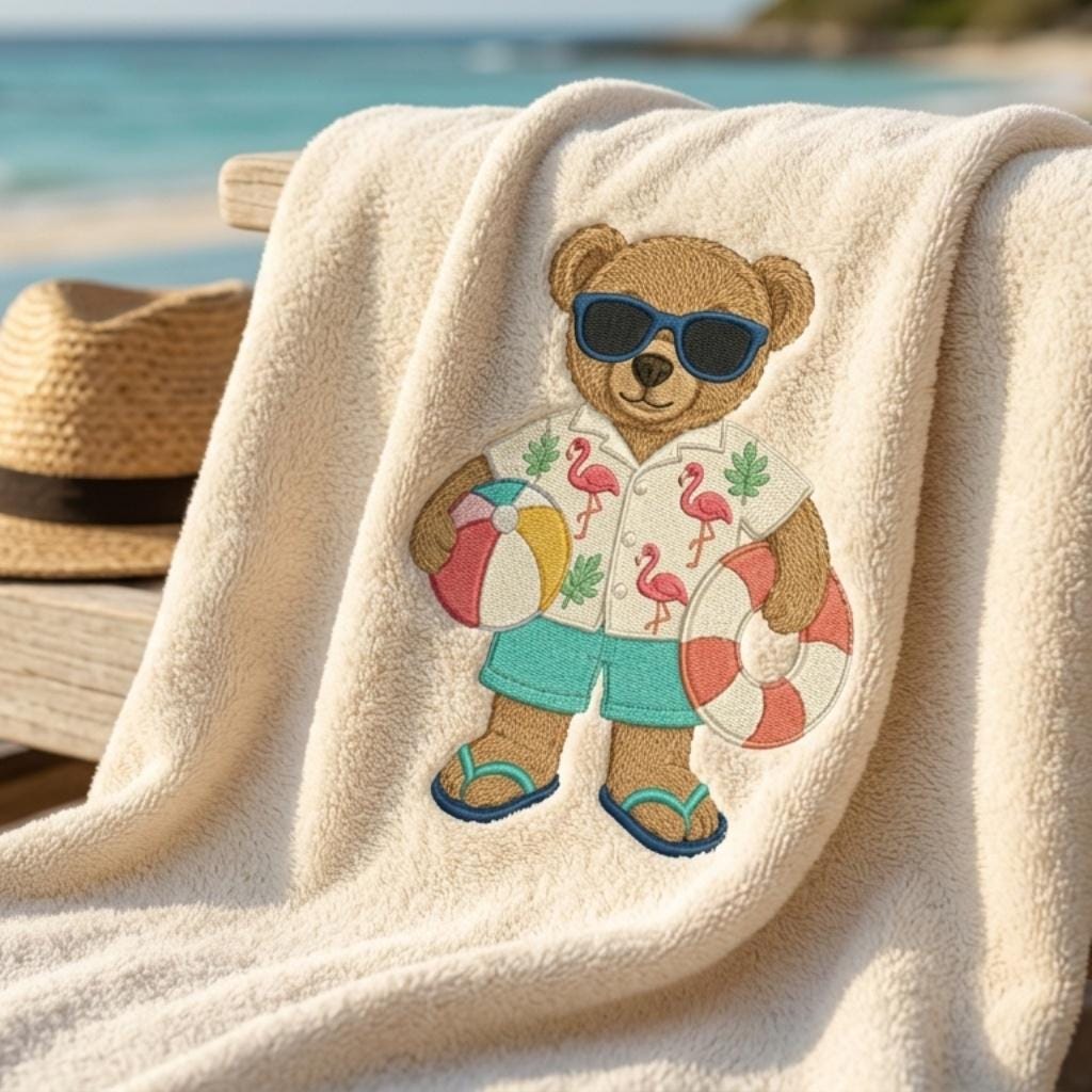 Summer Teddy Bear Embroidery Design, Beach Bear Machine Embroidery File, Flamingo Vacation Stitch, 5 sizes, Digital Download - image 5
