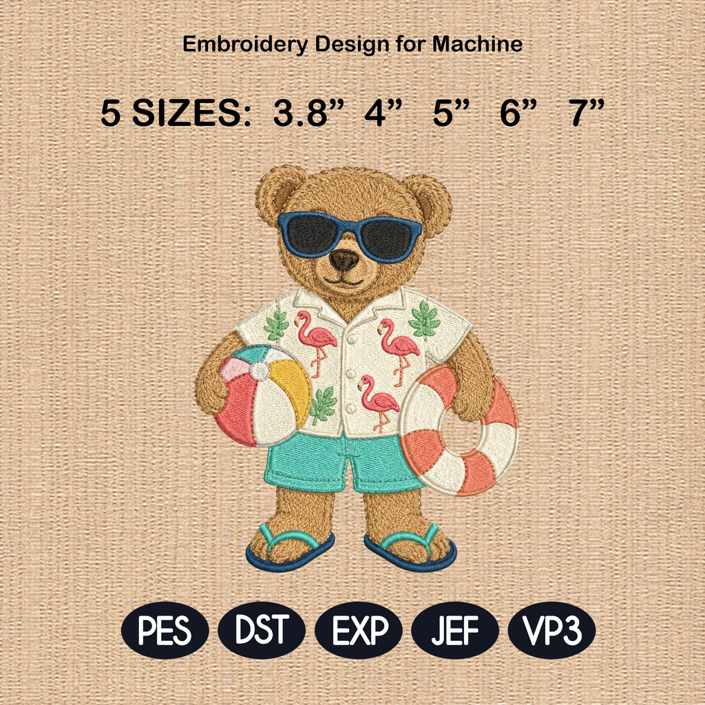 Summer Teddy Bear Embroidery Design, Beach Bear Machine Embroidery File, Flamingo Vacation Stitch, 5 sizes, Digital Download