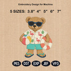 Summer Teddy Bear Embroidery Design, Beach Bear Machine Embroidery File, Flamingo Vacation Stitch, 5 sizes, Digital Download
