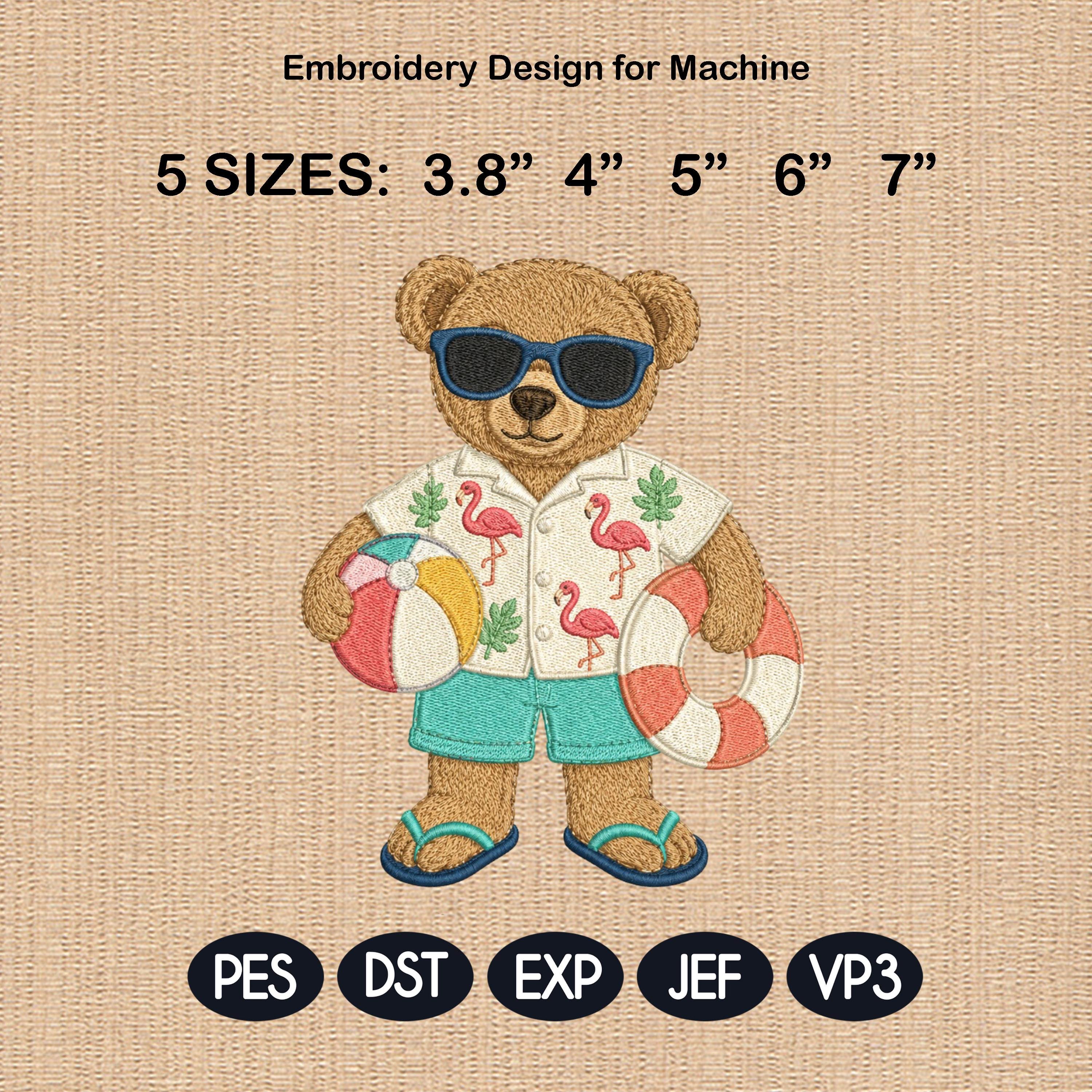 Summer Teddy Bear Embroidery Design, Beach Bear Machine Embroidery File, Flamingo Vacation Stitch, 5 sizes, Digital Download