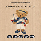 Sailor Teddy Bear Embroidery Design, Nautical Bear Machine Embroidery File, Boat Bear Stitch, 5 sizes, Digital Download