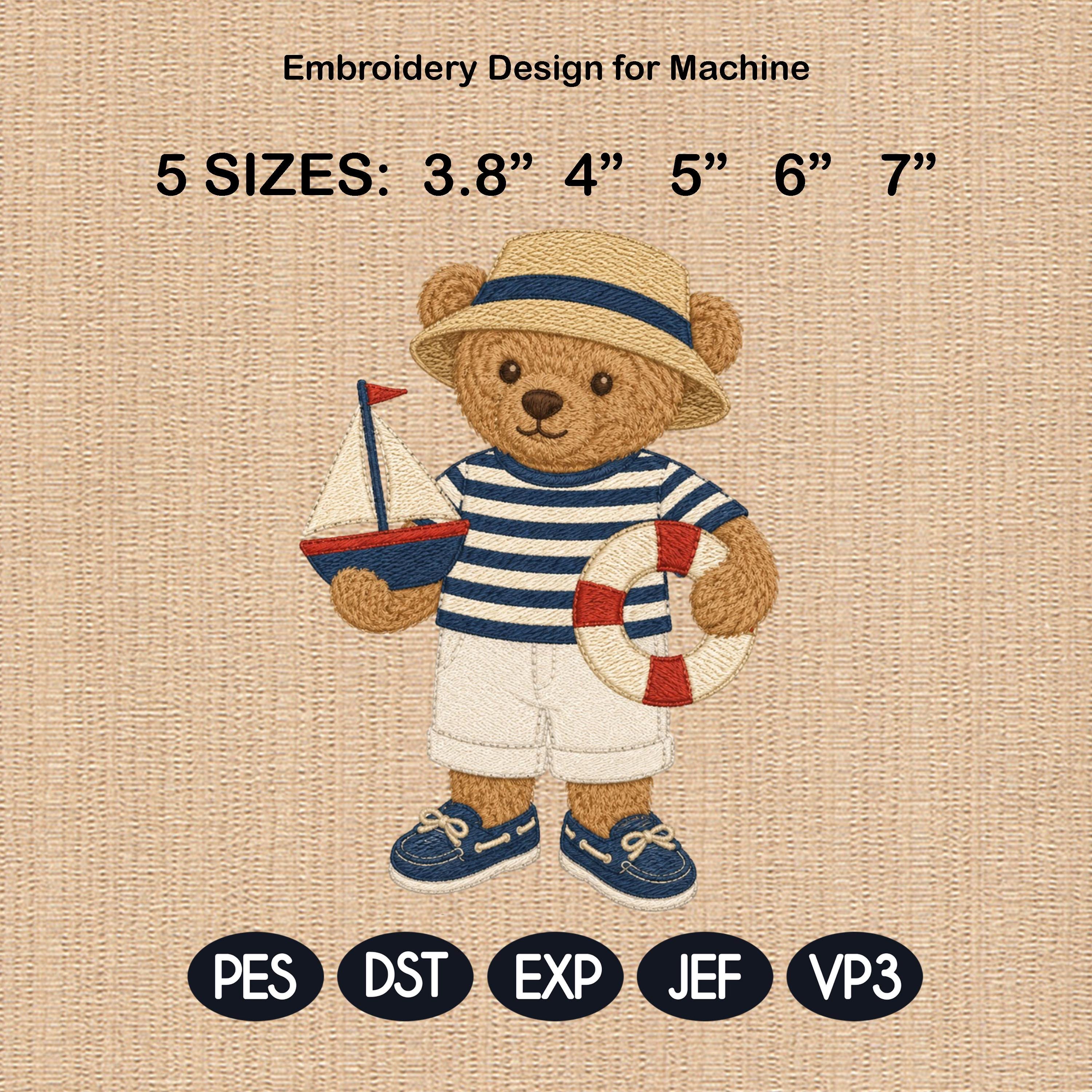 Sailor Teddy Bear Embroidery Design, Nautical Bear Machine Embroidery File, Boat Bear Stitch, 5 sizes, Digital Download