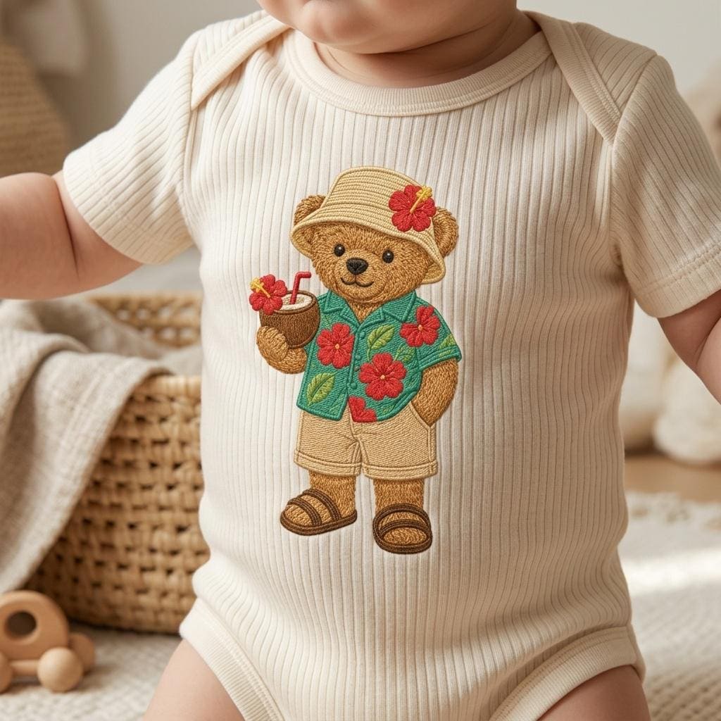 Tropical Teddy Bear Embroidery Design, Hawaiian Bear Machine Embroidery File, Summer Vacation Stitch Pattern, 5 sizes, Digital Download - image 4