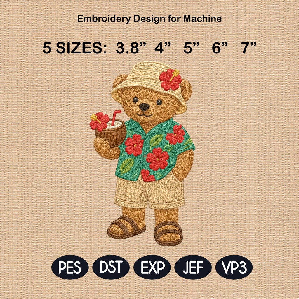 Tropical Teddy Bear Embroidery Design, Hawaiian Bear Machine Embroidery File, Summer Vacation Stitch Pattern, 5 sizes, Digital Download