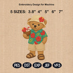 Tropical Teddy Bear Embroidery Design, Hawaiian Bear Machine Embroidery File, Summer Vacation Stitch Pattern, 5 sizes, Digital Download