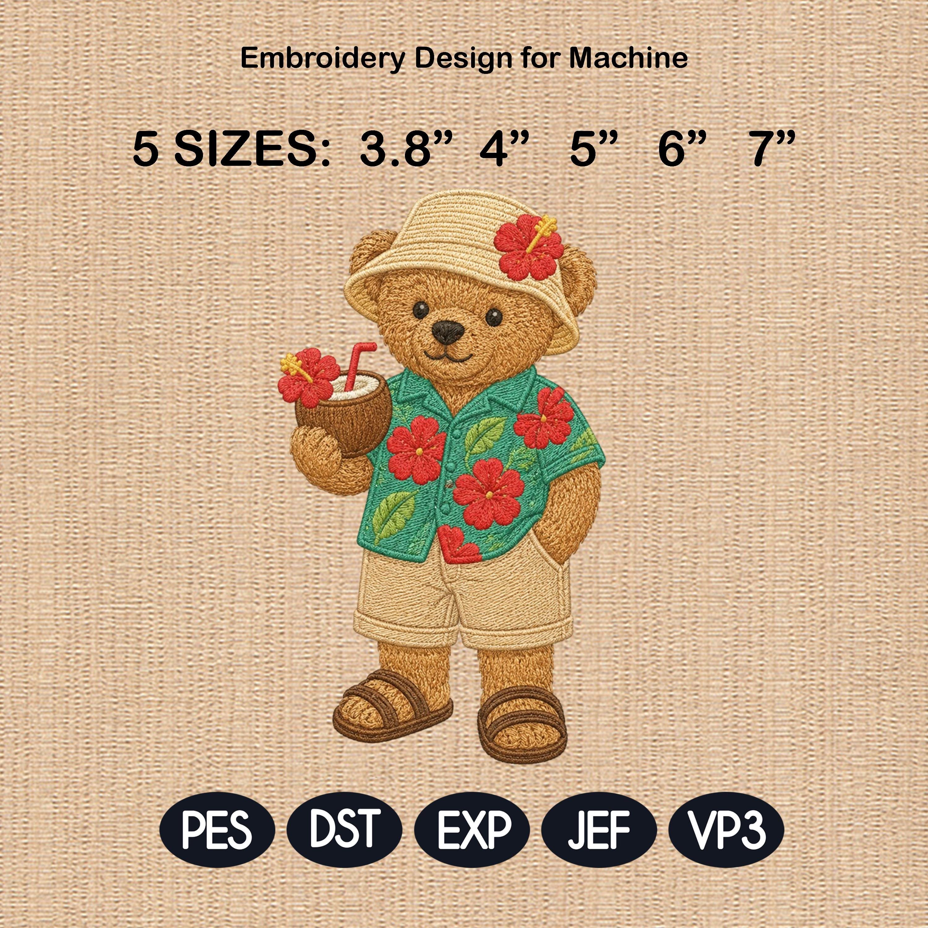 Tropical Teddy Bear Embroidery Design, Hawaiian Bear Machine Embroidery File, Summer Vacation Stitch Pattern, 5 sizes, Digital Download