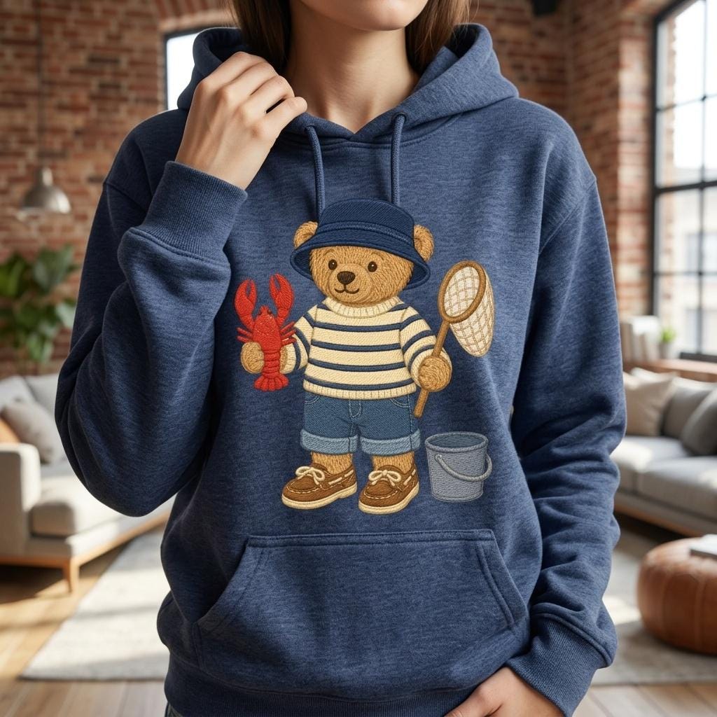 Fishing Teddy Bear Embroidery Design, Lobster Bear Machine Embroidery File, Coastal Summer Stitch Pattern, 5 sizes, Digital Download - image 3