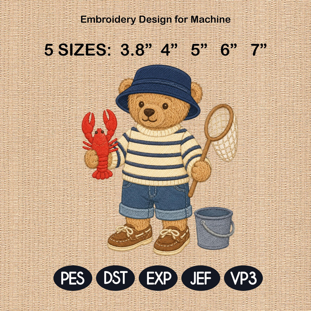 Fishing Teddy Bear Embroidery Design, Lobster Bear Machine Embroidery File, Coastal Summer Stitch Pattern, 5 sizes, Digital Download