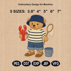 Fishing Teddy Bear Embroidery Design, Lobster Bear Machine Embroidery File, Coastal Summer Stitch Pattern, 5 sizes, Digital Download
