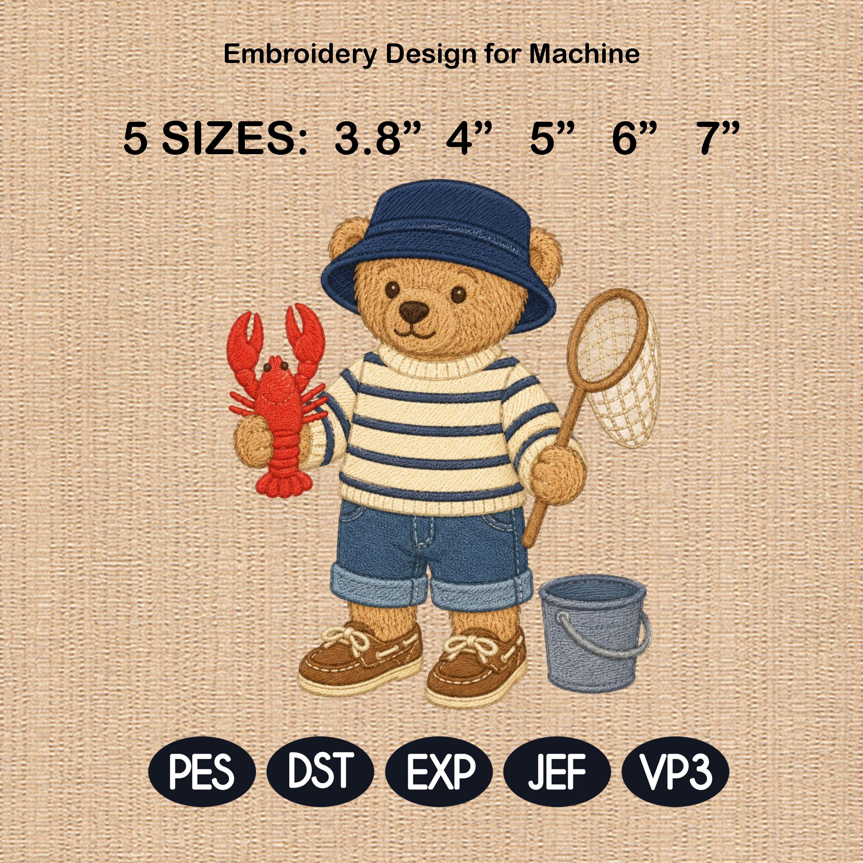 Fishing Teddy Bear Embroidery Design, Lobster Bear Machine Embroidery File, Coastal Summer Stitch Pattern, 5 sizes, Digital Download