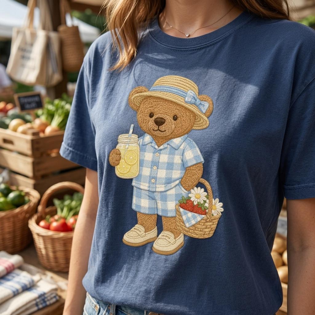 Picnic Teddy Bear Embroidery Design, Lemonade Bear Machine Embroidery File, Summer Basket Stitch Pattern, 5 sizes, Digital Download - image 4