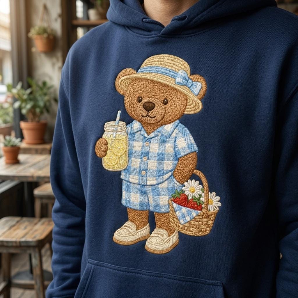 Picnic Teddy Bear Embroidery Design, Lemonade Bear Machine Embroidery File, Summer Basket Stitch Pattern, 5 sizes, Digital Download - image 3