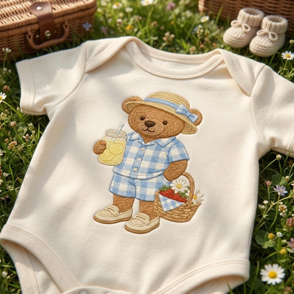 Picnic Teddy Bear Embroidery Design, Lemonade Bear Machine Embroidery File, Summer Basket Stitch Pattern, 5 sizes, Digital Download - image 5