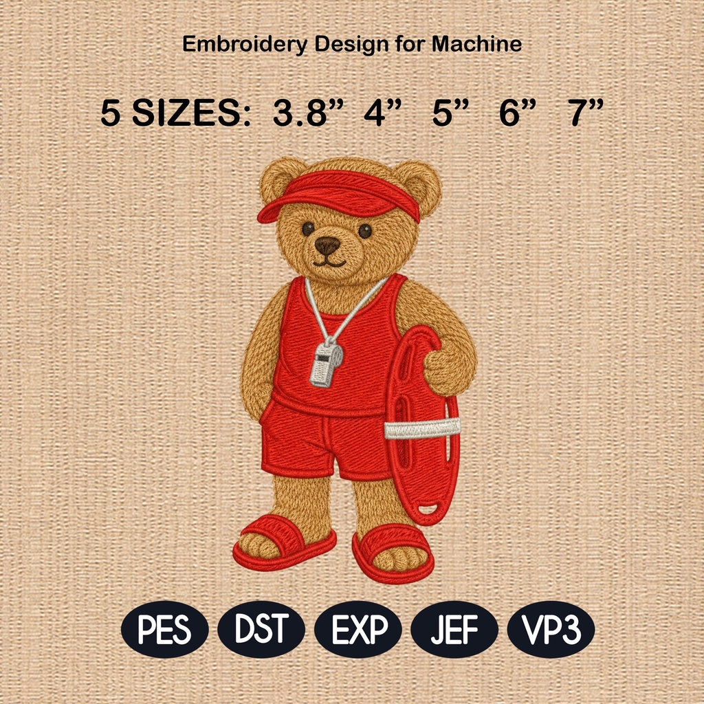 Lifeguard Teddy Bear Embroidery Design, Beach Rescue Bear Machine Embroidery File, Summer Stitch Pattern, 5 sizes, Digital Download