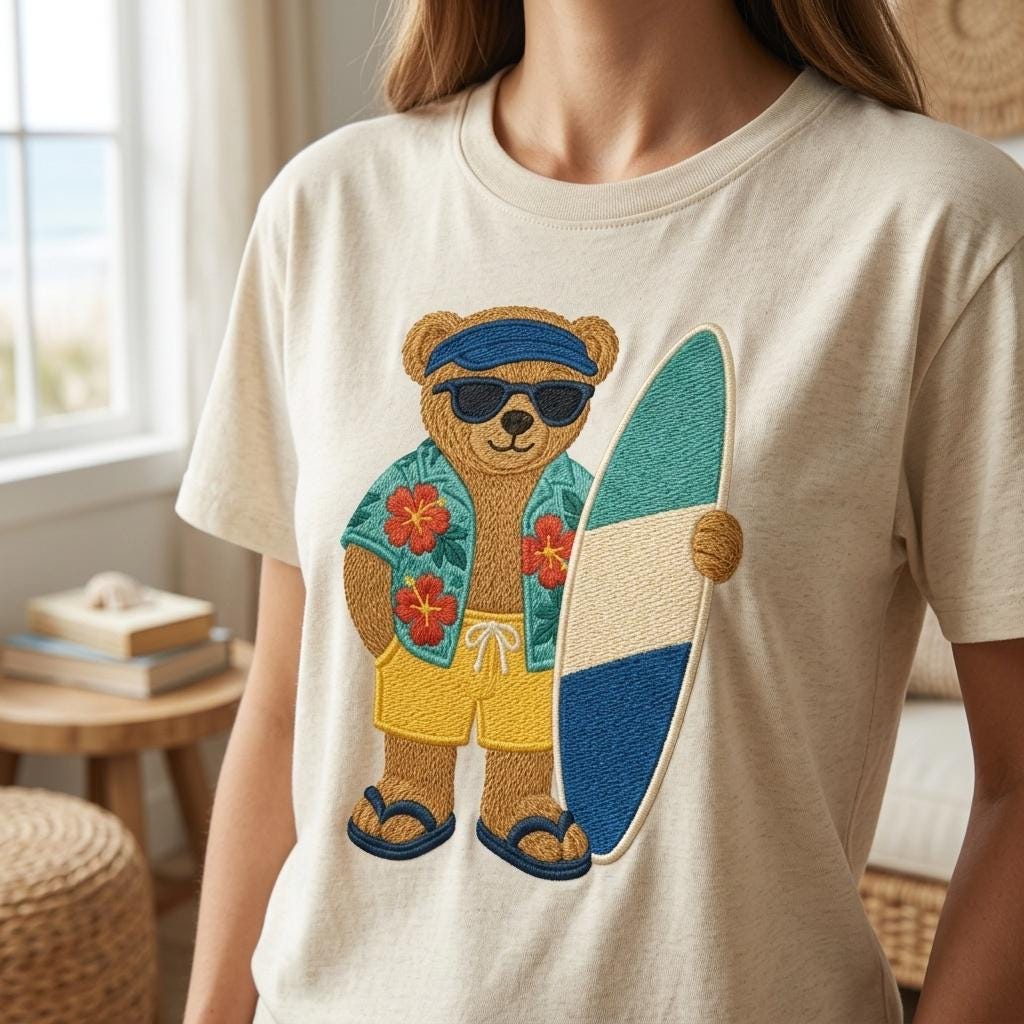 Surfing Teddy Bear Embroidery Design, Beach Surf Bear Machine Embroidery File, Tropical Summer Stitch Pattern, 5 sizes, Digital Download - image 4