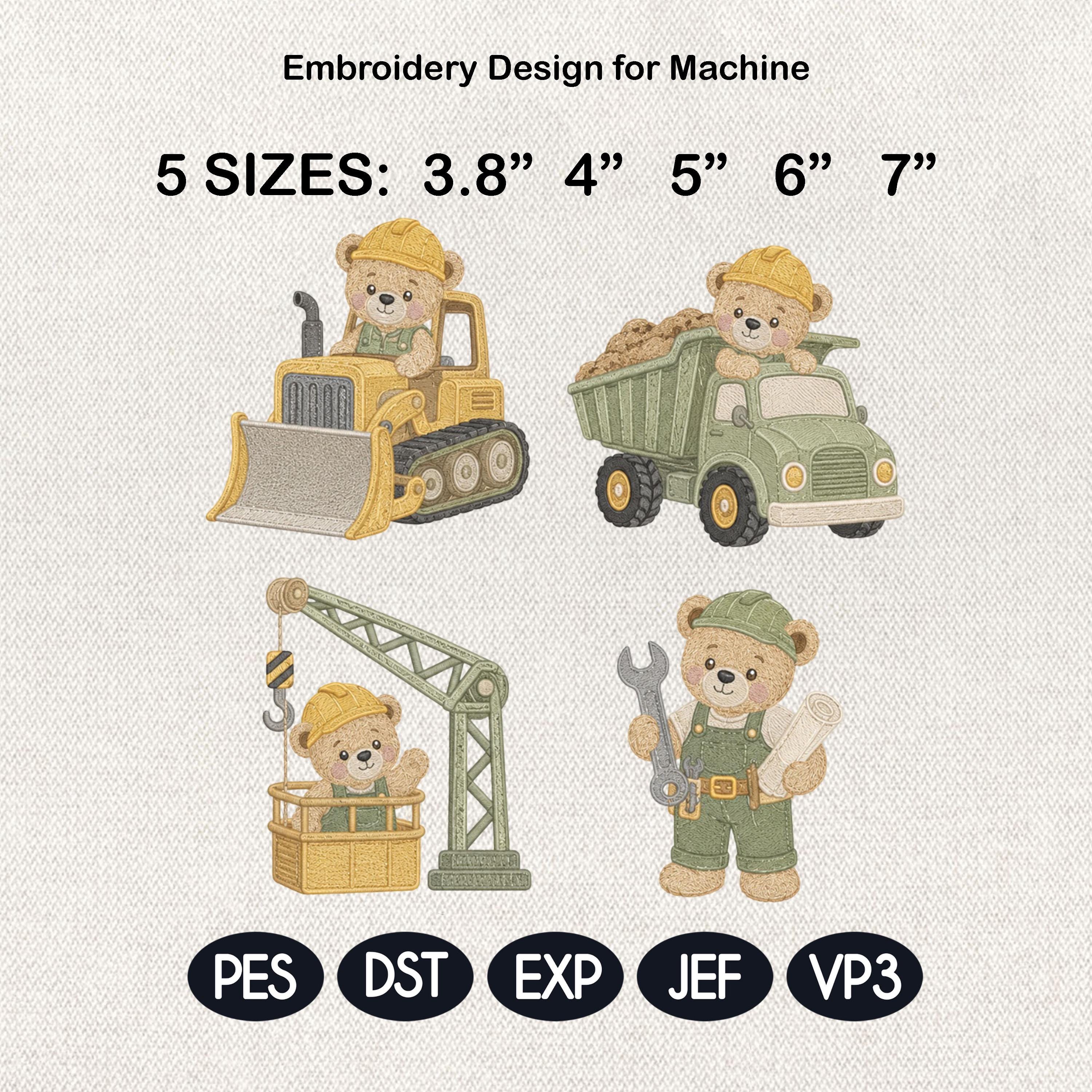 Construction Teddy Bear Embroidery Bundle, Truck Crane Builder Machine Embroidery File, Baby Boy Design, 5 sizes, Digital Download