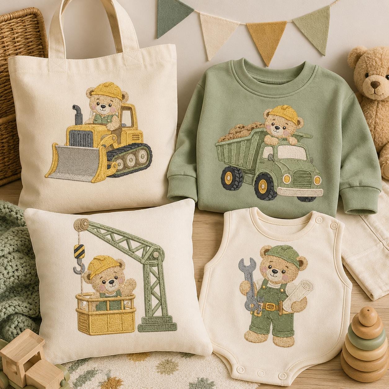 Construction Teddy Bear Embroidery Bundle, Truck Crane Builder Machine Embroidery File, Baby Boy Design, 5 sizes, Digital Download - image 7
