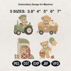 Farm Teddy Bear Embroidery Bundle, Tractor Barn Wagon Apple Machine Embroidery File, Country Nursery Design, 5 sizes, Digital Download