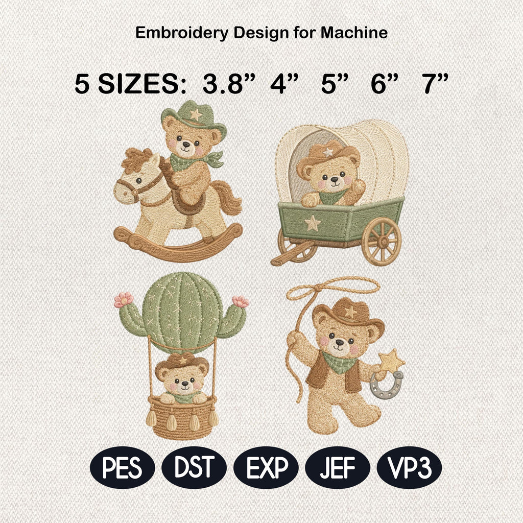 Cowboy Teddy Bear Embroidery Bundle, Western Bear Rocking Horse Wagon Cactus Machine Embroidery File, 5 sizes, Digital Download