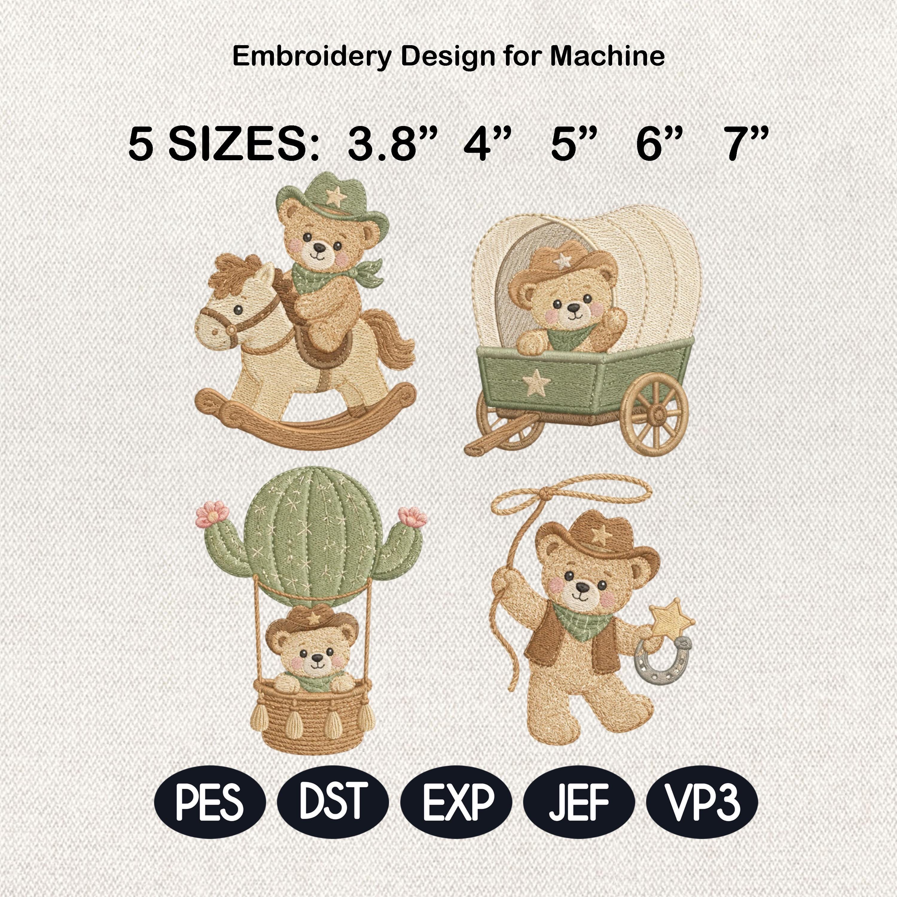 Cowboy Teddy Bear Embroidery Bundle, Western Bear Rocking Horse Wagon Cactus Machine Embroidery File, 5 sizes, Digital Download