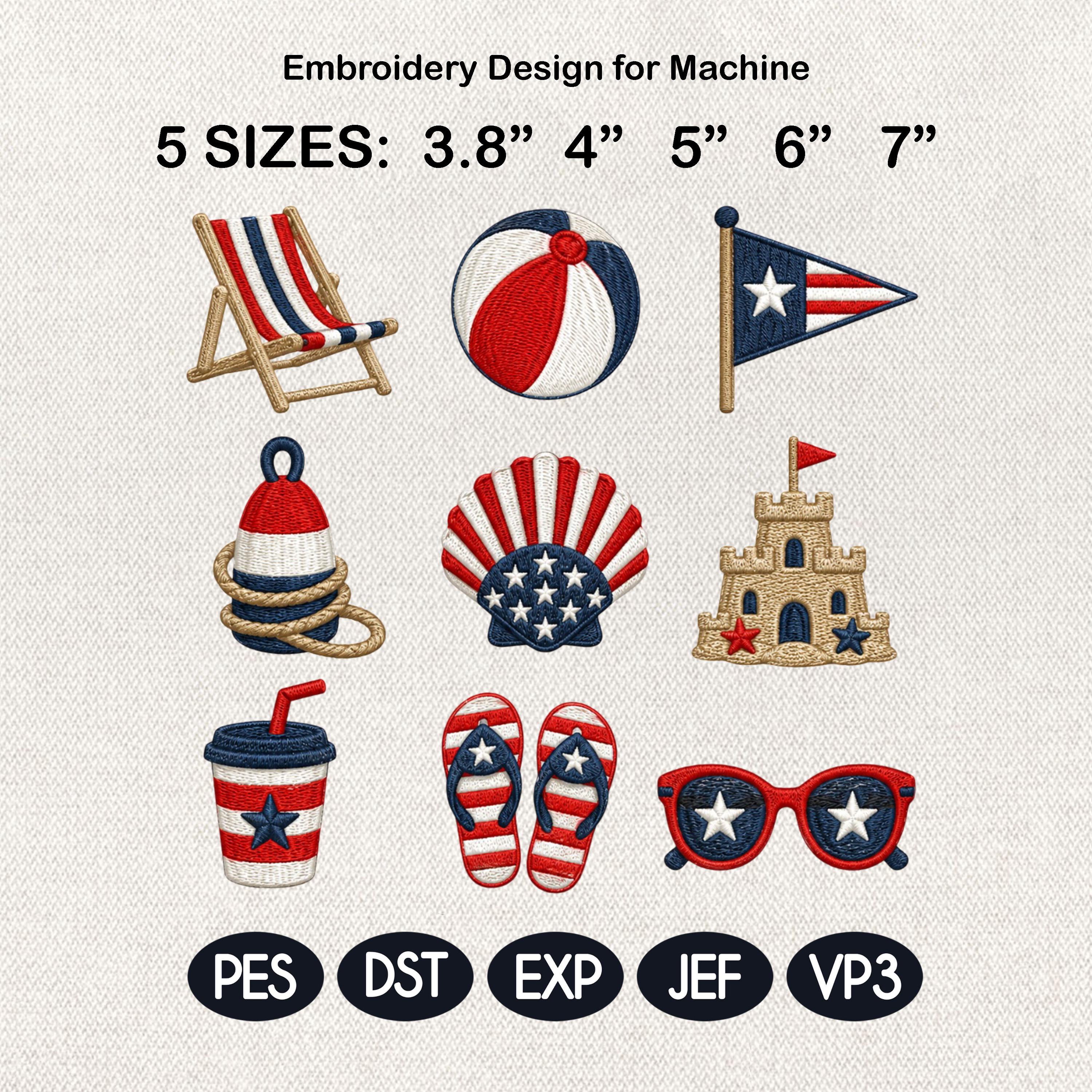 Patriotic Beach Embroidery Design Bundle, 4th of July Summer Machine Embroidery, USA Coastal Embroidery Icons Set, 5 Sizes, Digital Download