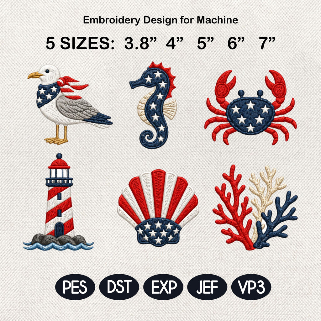 Patriotic Coastal Embroidery Design Bundle, 4th of July Nautical Embroidery, Crab Seahorse Lighthouse Beach Icons, 5 Sizes, Digital Download