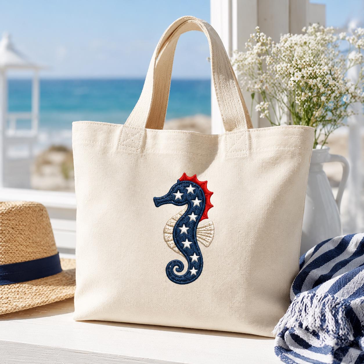 Patriotic Coastal Embroidery Design Bundle, 4th of July Nautical Embroidery, Crab Seahorse Lighthouse Beach Icons, 5 Sizes, Digital Download - image 7