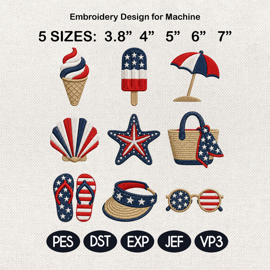 Patriotic Summer Beach Embroidery Bundle, 4th of July Machine Embroidery, Coastal Vacation Embroidery Design Set, 5 Sizes, Digital Download