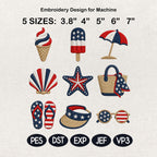 Patriotic Summer Beach Embroidery Bundle, 4th of July Machine Embroidery, Coastal Vacation Embroidery Design Set, 5 Sizes, Digital Download