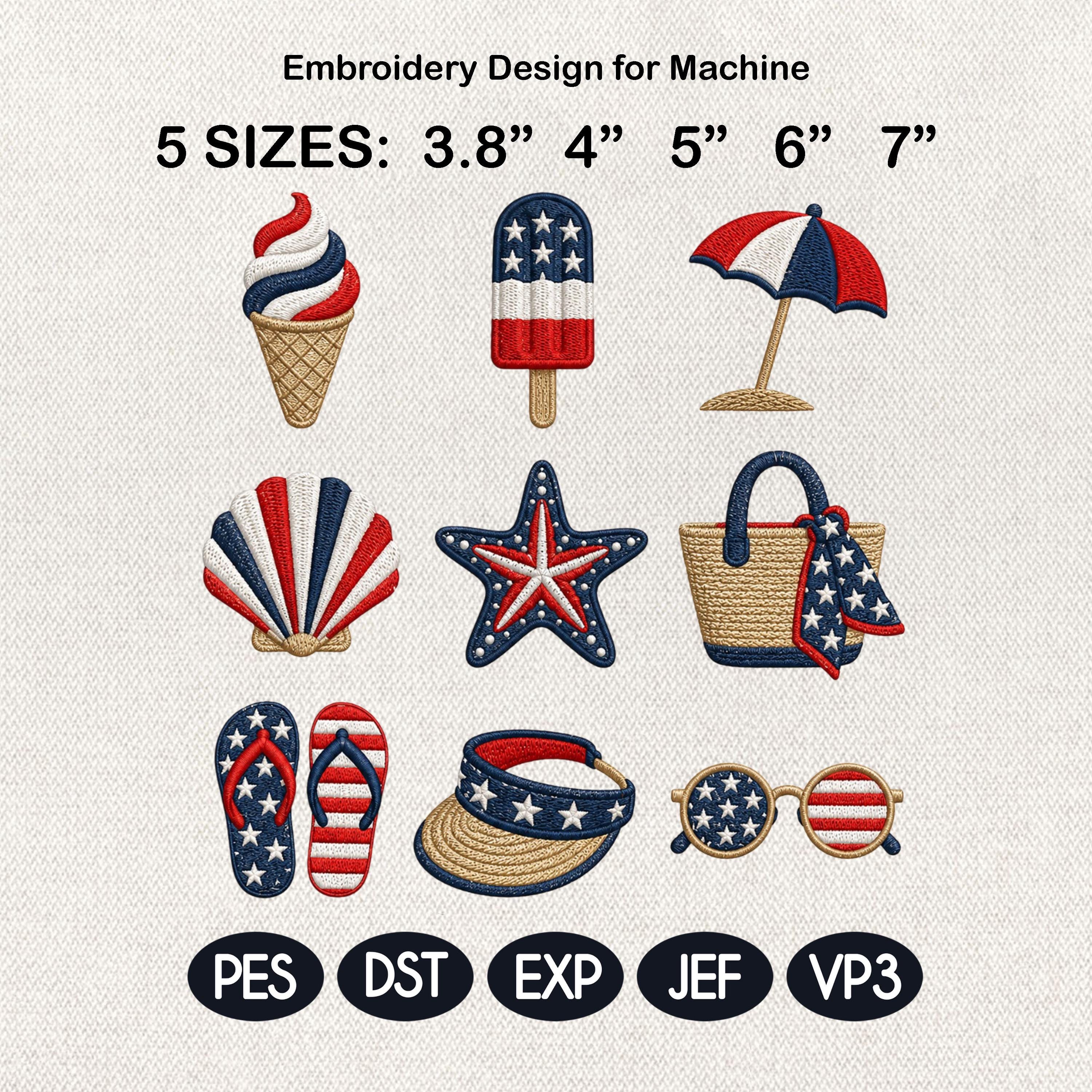 Patriotic Summer Beach Embroidery Bundle, 4th of July Machine Embroidery, Coastal Vacation Embroidery Design Set, 5 Sizes, Digital Download