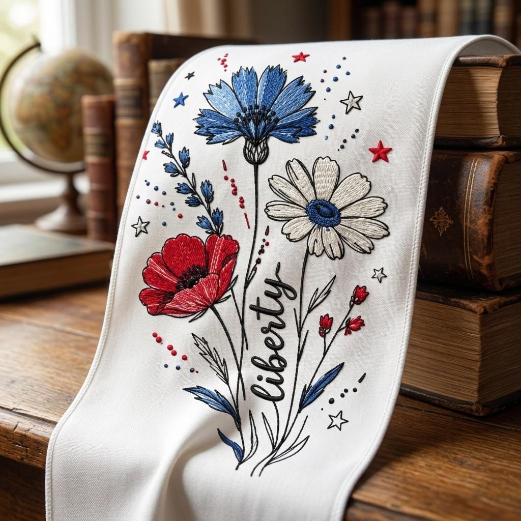 Liberty Wildflower Embroidery Design, Patriotic Floral Sketch Embroidery File, USA Independence Day Flower Art, 5 Sizes, Digital Download - image 6