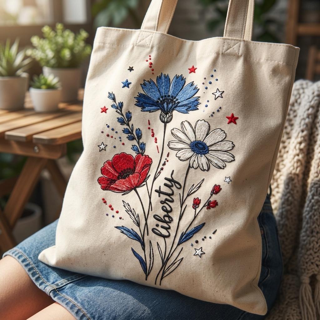 Liberty Wildflower Embroidery Design, Patriotic Floral Sketch Embroidery File, USA Independence Day Flower Art, 5 Sizes, Digital Download - image 7