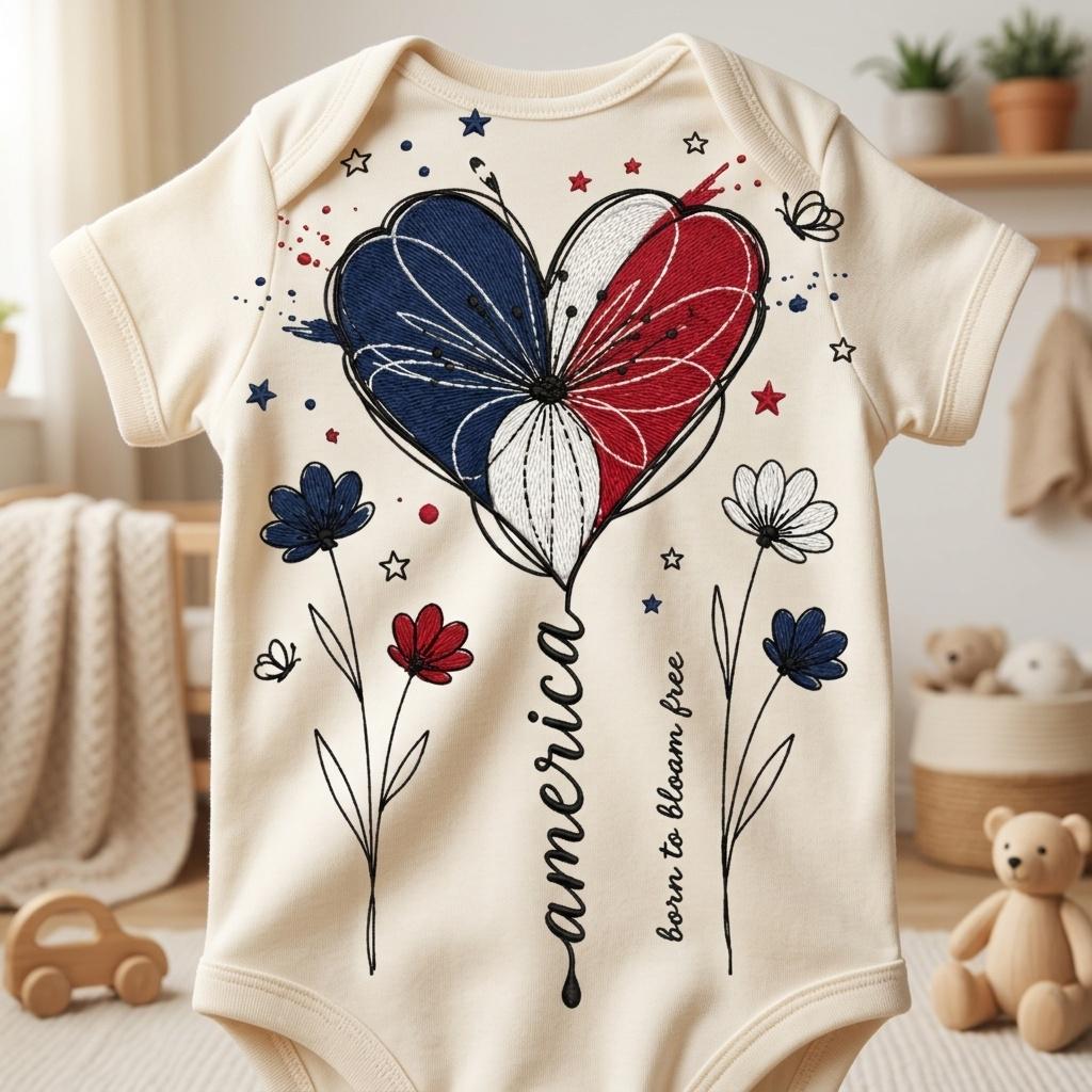 America Heart Flower Embroidery Design, Patriotic Floral Heart Embroidery File, USA Independence Day Sketch Art, 5 Sizes, Digital Download - image 6