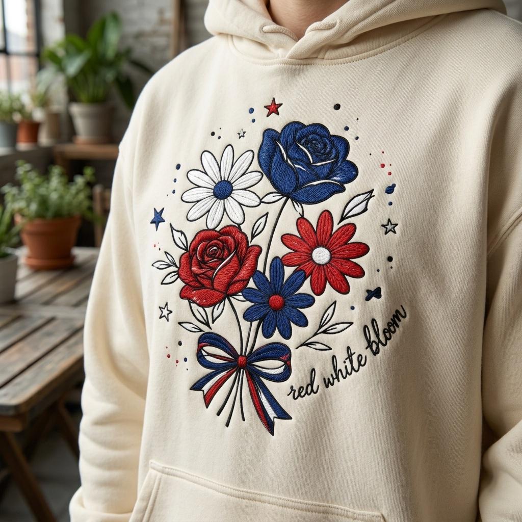 Red White Bloom Embroidery Design, Patriotic Floral Bouquet Embroidery File, USA Independence Day Flower Art, 5 Sizes, Digital Download - image 5