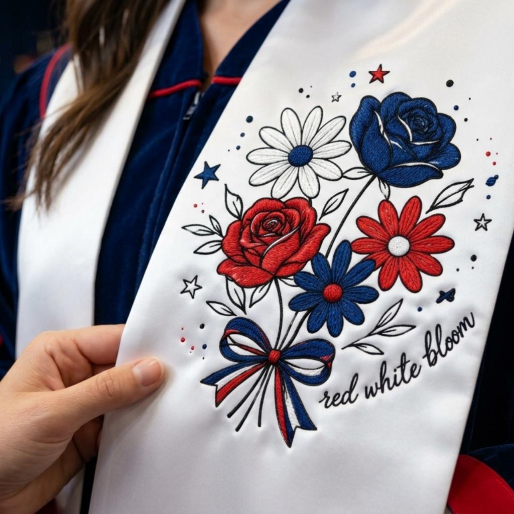 Red White Bloom Embroidery Design, Patriotic Floral Bouquet Embroidery File, USA Independence Day Flower Art, 5 Sizes, Digital Download - image 4