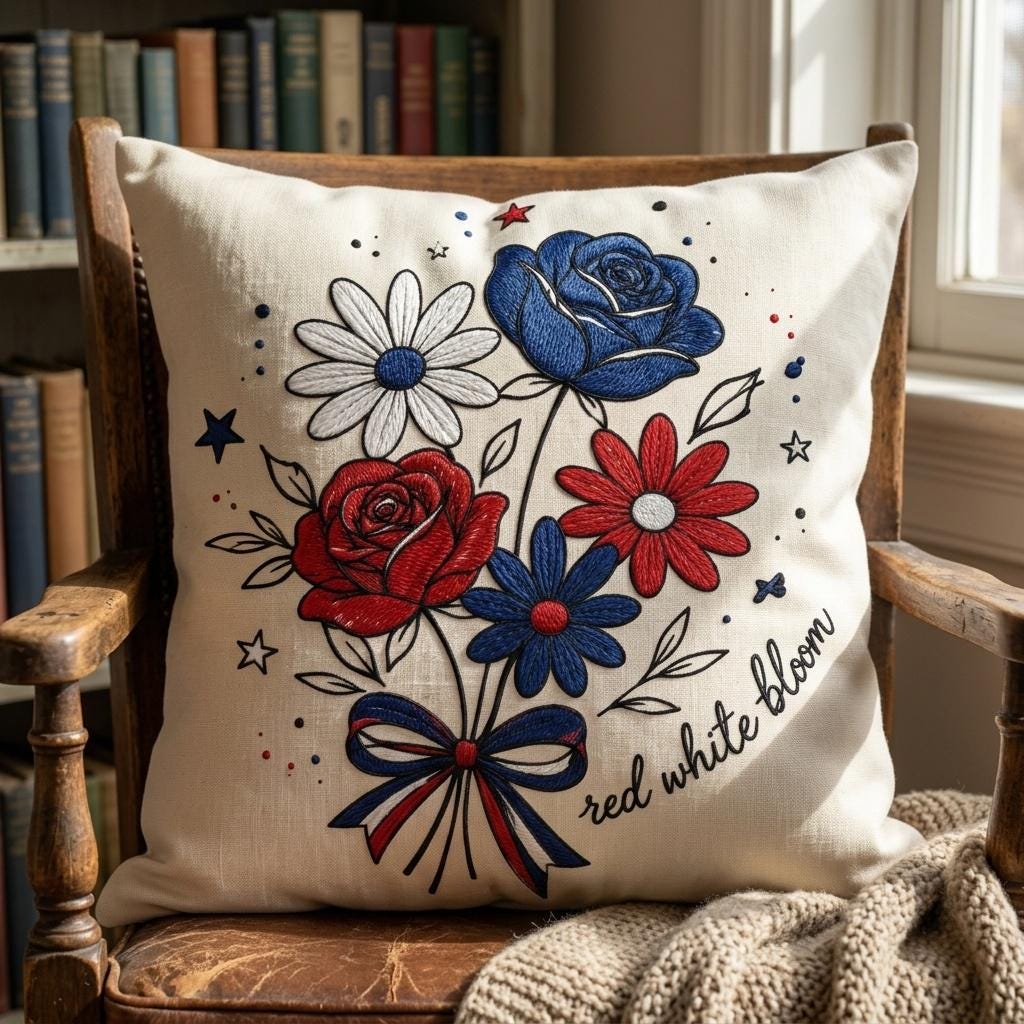 Red White Bloom Embroidery Design, Patriotic Floral Bouquet Embroidery File, USA Independence Day Flower Art, 5 Sizes, Digital Download - image 3