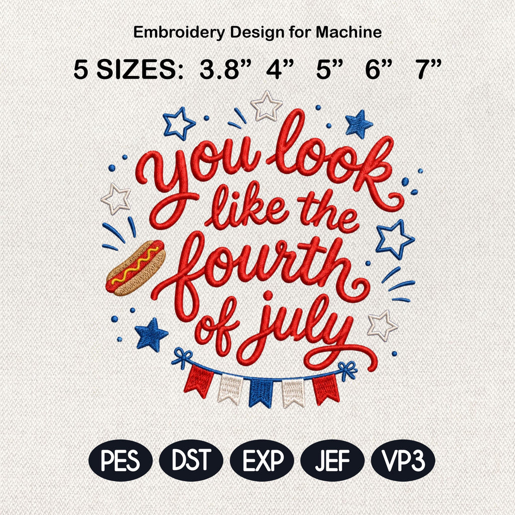 You Look Like The Fourth Of July Embroidery Design, Patriotic Saying Machine Embroidery, USA Summer BBQ Pattern, 5 Sizes, Digital Download
