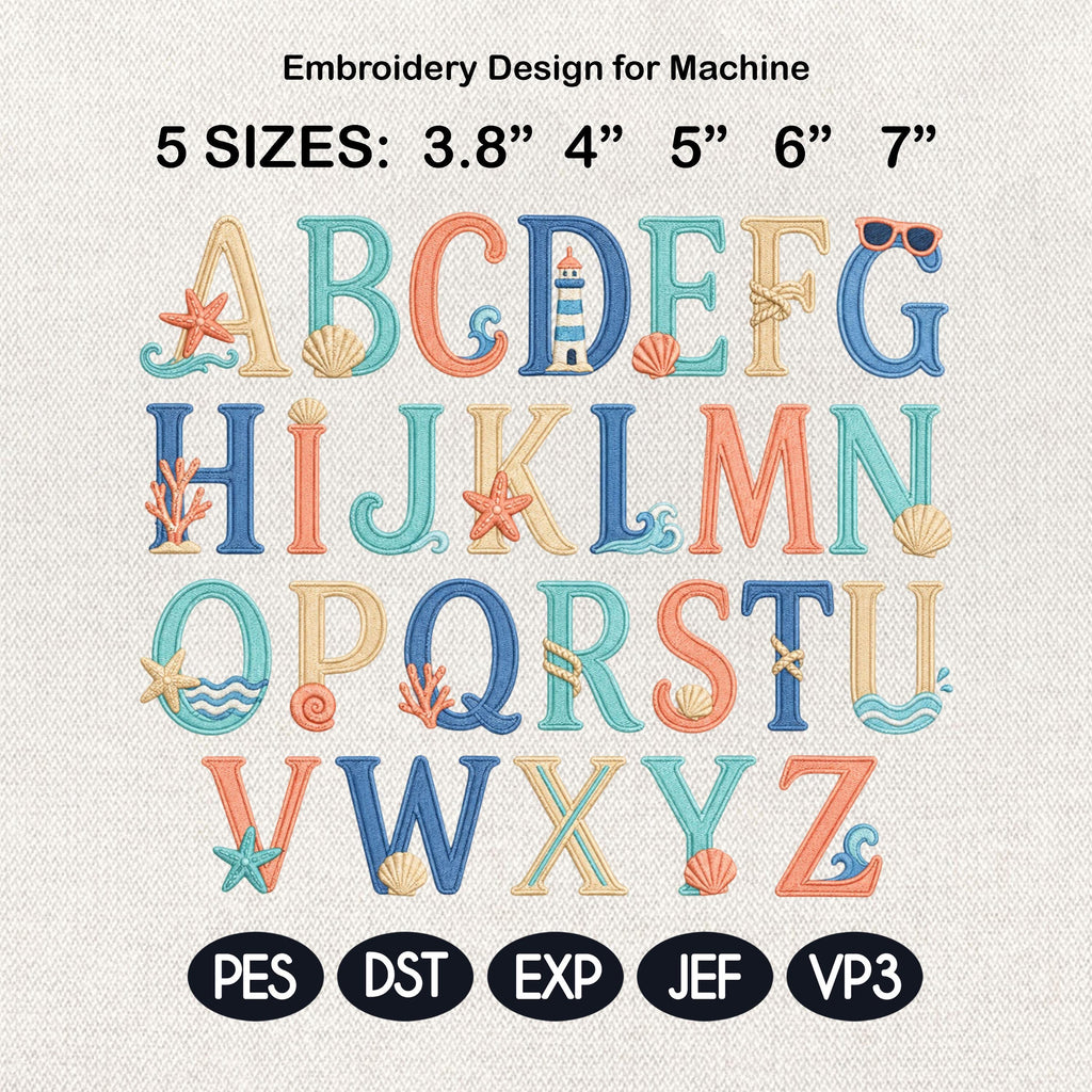 Coastal Embroidery Alphabet Font, Beach Sea Life Letter Set, Summer Ocean Embroidery Letters, Name Monogram Font, 5 sizes, Digital Download