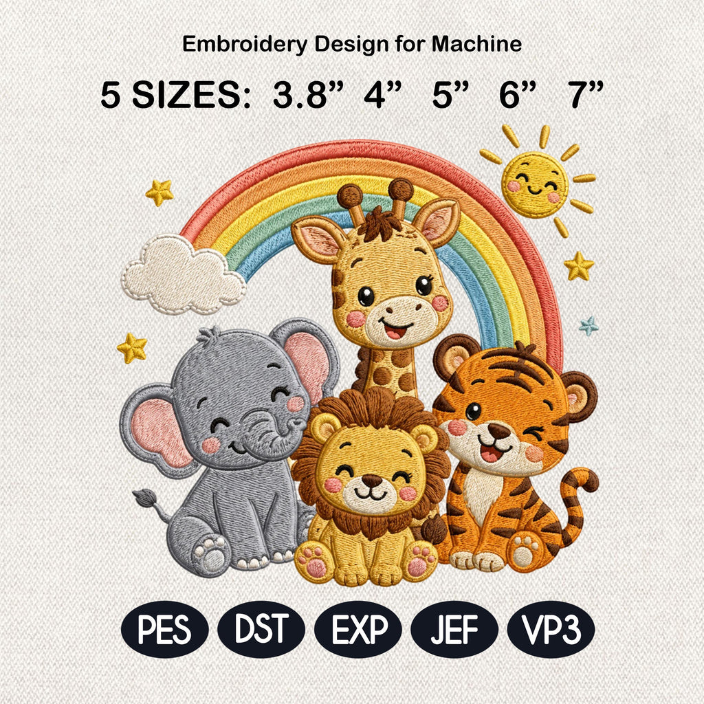 Cute Safari Animals Embroidery Design with Rainbow, Lion Elephant Giraffe Tiger Machine Embroidery File, 5 sizes, Digital Download
