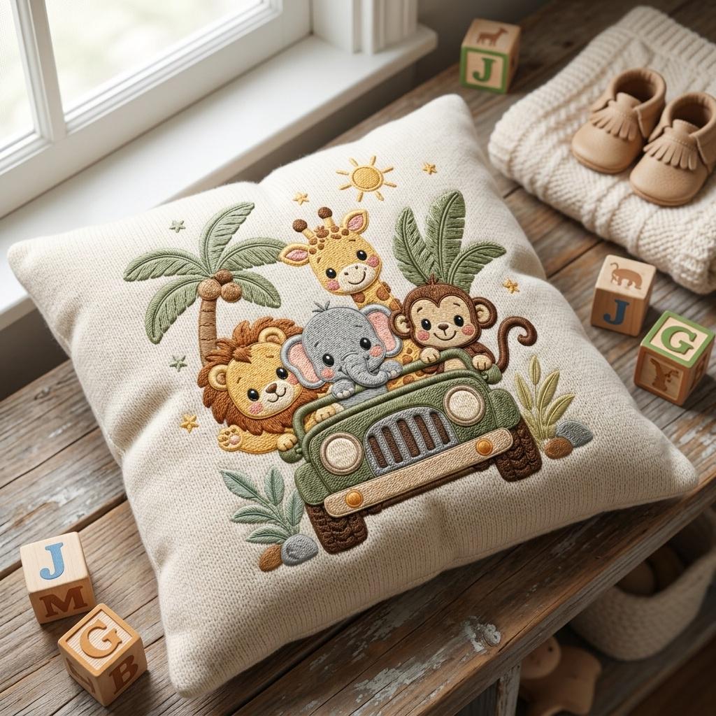 Cute Safari Jeep Embroidery Design, Lion Elephant Giraffe Monkey Jungle Animals Machine Embroidery File, 5 sizes, Digital Download - image 5